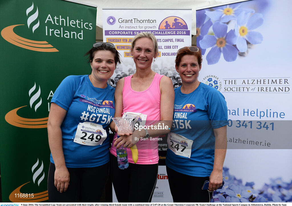 9 June 2016; The Scrambled Legs Team are presented with their trophy after winning third female team with a combined time of 2:07:28 at the Grant Thornton Corporate 5K Team Challenge at the National Sports Campus in Abbotstown, Dublin. Photo by Sam Barnes/Sportsfile