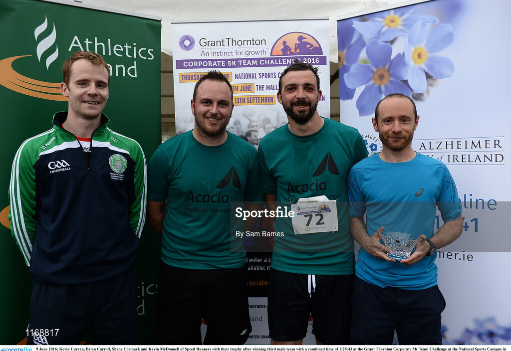 9 June 2016; Kevin Curran, Brian Carroll, Shane Cormack and Kevin McDonnell of Speed Runners with their trophy after winning third male team with a combined time of 1:28:43 at the Grant Thornton Corporate 5K Team Challenge at the National Sports Campus in Abbotstown, Dublin. Photo by Sam Barnes/Sportsfile
