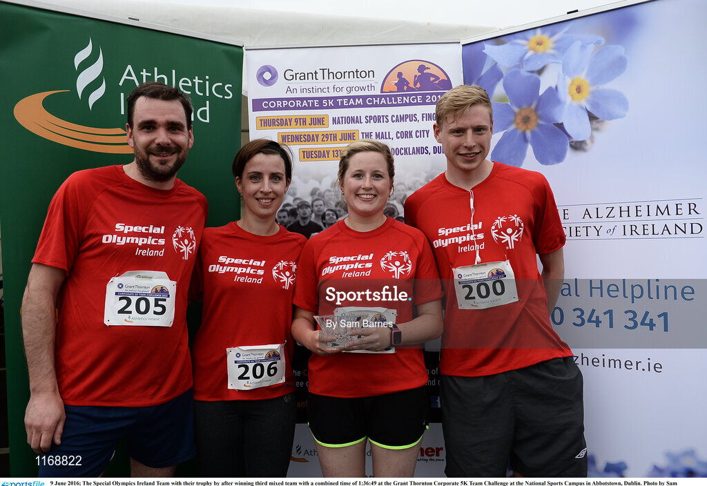 9 June 2016; The Special Olympics Ireland Team with their trophy by after winning third mixed team with a combined time of 1:36:49 at the Grant Thornton Corporate 5K Team Challenge at the National Sports Campus in Abbotstown, Dublin. Photo by Sam Barnes/Sportsfile