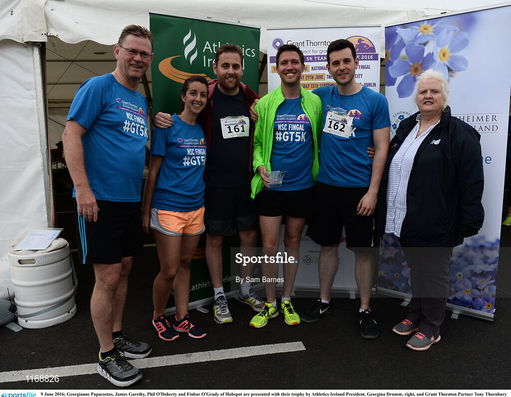 9 June 2016; Georgianne Papacostas, James Garethy, Phil O'Doherty and Finbar O'Grady of Hubspot are presented with their trophy by Athletics Ireland President, Georgina Drumm, right, and Grant Thornton Partner Tony Thornbury left, after winning first mixed team with a combined time of 1:25:18 at the Grant Thornton Corporate 5K Team Challenge at the National Sports Campus in Abbotstown, Dublin. Photo by Sam Barnes/Sportsfile