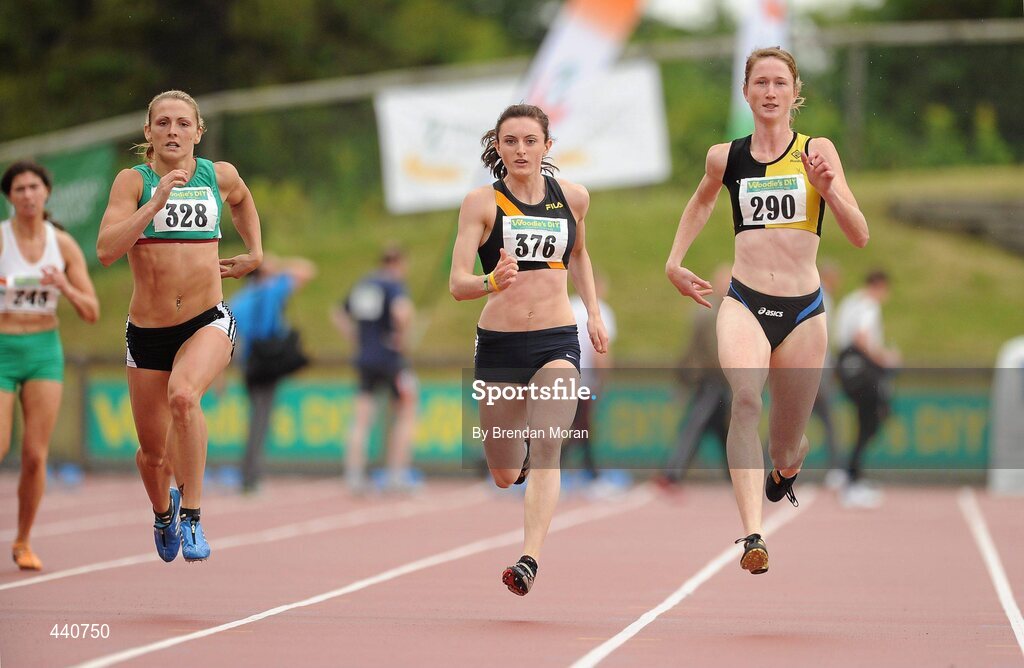 10 July 2010; Joanne Cuddihy, 290, Kilkenny City Harriers AC, leads Kelly Proper, 328, Ferrybank AC, and Leah Moore, 376, Clonliffe Harriers AC, in the Women's 200m heats during the Woodie's DIY AAI Senior Track & Field Championships. Morton Stadium, Santry, Dublin. Picture credit: Brendan Moran / SPORTSFILE