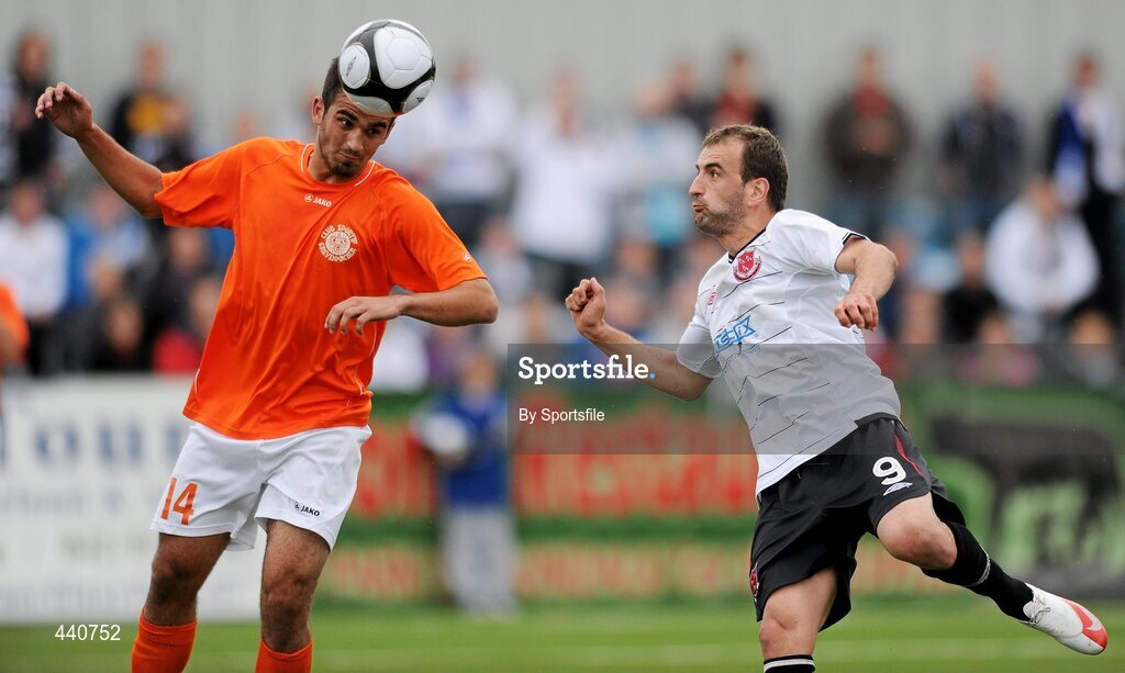 8 July 2010; Gabriel Pereira Gaspar, CS Grevenmacher, in action against Fahrudin Kuduzovic, Dundalk. UEFA Europa League First Qualifying Round, 2nd Leg, Dundalk v CS Grevenmacher, Oriel Park, Dundalk, Co. Louth. Photo by Sportsfile