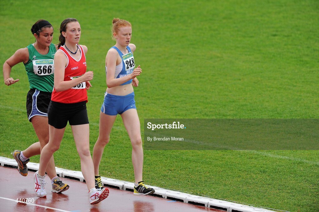 10 July 2010; Kate Veale, right, West Waterford AC, on her way to winning the Women's 5000m Walk from second placed Laura Reynolds, Mohill AC, and third placed Rachel Conlon, left, Sligo AC, during the Woodie's DIY AAI Senior Track & Field Championships. Morton Stadium, Santry, Dublin. Picture credit: Brendan Moran / SPORTSFILE