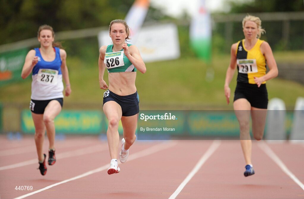 10 July 2010; Niamh Whelan, 326, Ferrybank AC, leads Sharon Kilduff, left, Claremorris AC, and Catriona Cuddihy, right, Kilkenny City Harriers AC, during their heat of the Women's 200m at the Woodie's DIY AAI Senior Track & Field Championships. Morton Stadium, Santry, Dublin. Picture credit: Brendan Moran / SPORTSFILE