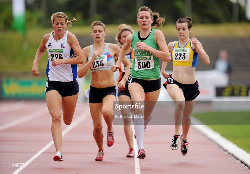 10 July 2010; Roseanne Galligan, 300, Newbridge AC, leads Fiona Kehoe, 226, Kilmore AC, Sinead Denny, 235, Dundrum South Dublin AC, and Ciara Everard, 223, UCC AC, in their heat of the Women's 800m at the Woodie's DIY AAI Senior Track & Field Championships. Morton Stadium, Santry, Dublin. Picture credit: Brendan Moran / SPORTSFILE