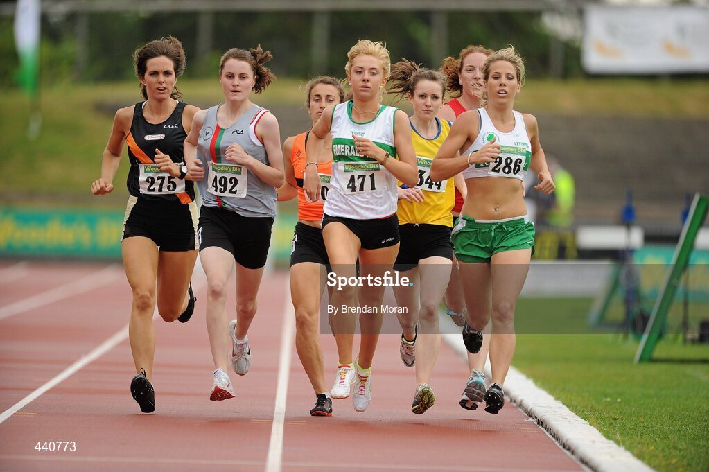 10 July 2010; Amy O'Donoghue, 471, Emerald AC, leads Eleanor Alexander, 275, Clonliffe Harriers AC, Ciara Mageean, 492, City of Lisburn AC, and Siobhan Eviston, 286, Raheny Shamrocks AC, during their heat of the Women's 800m at the Woodie's DIY AAI Senior Track & Field Championships. Morton Stadium, Santry, Dublin. Picture credit: Brendan Moran / SPORTSFILE