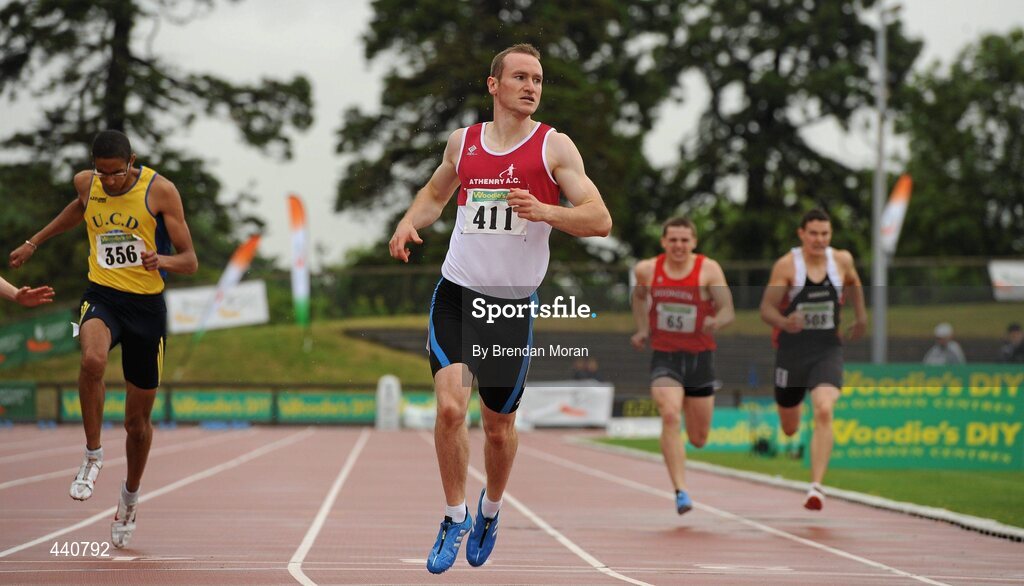 10 July 2010; Paul Hession, Athenry AC, wins the Men's 200m from eventual third placed Steven Colvert, left, Crusaders AC, and Cian Aherne, Dooneen AC, at the Woodie's DIY AAI Senior Track & Field Championships. Morton Stadium, Santry, Dublin. Picture credit: Brendan Moran / SPORTSFILE
