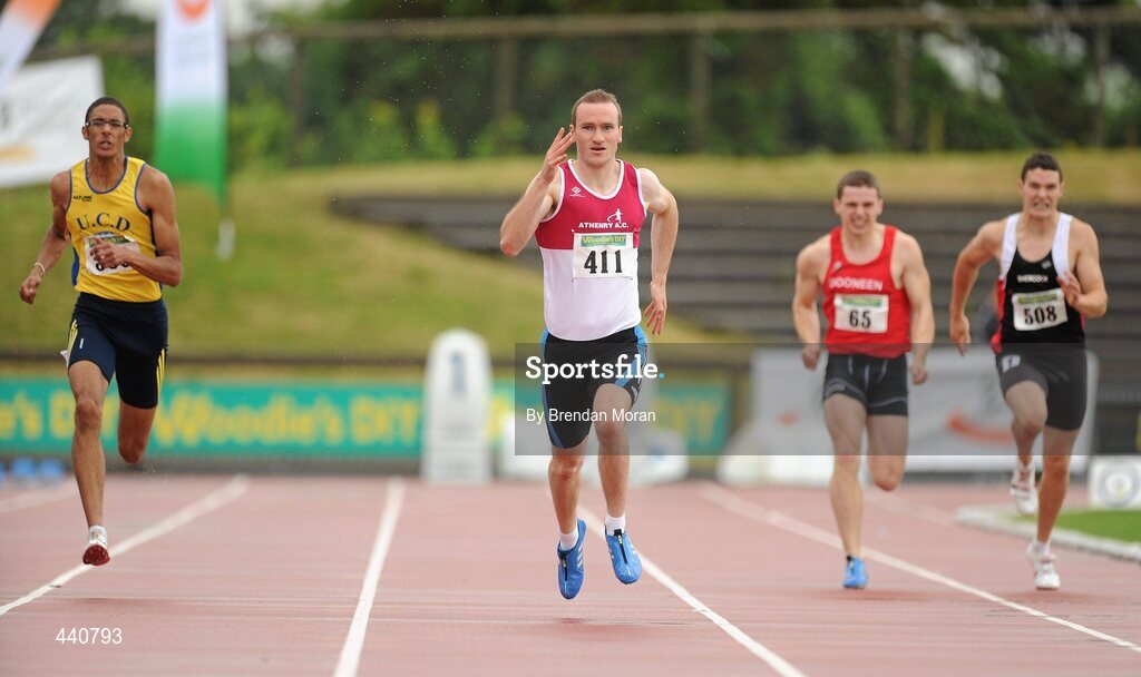 10 July 2010; Paul Hession, Athenry AC, on his way to winning the Men's 200m from eventual third placed Steven Colvert, left, Crusaders AC, and Cian Aherne, Dooneen AC, at the Woodie's DIY AAI Senior Track & Field Championships. Morton Stadium, Santry, Dublin. Picture credit: Brendan Moran / SPORTSFILE