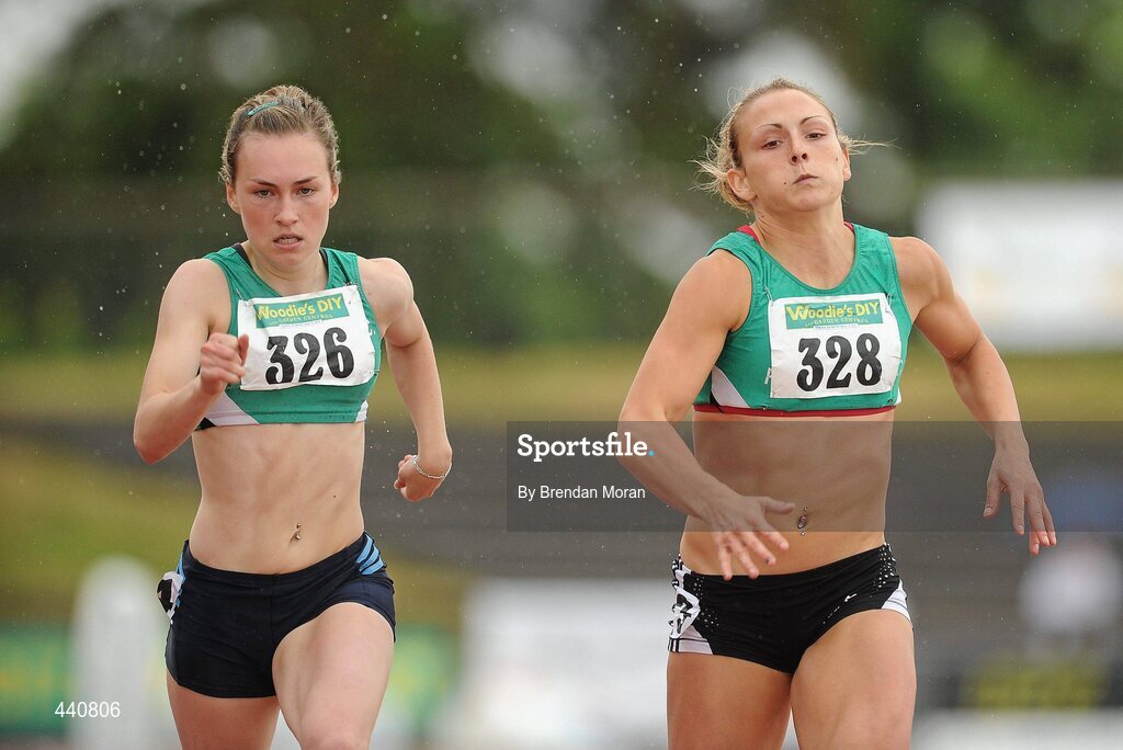 10 July 2010; Niamh Whelan, 326, Ferrybank AC, beats clubmate Kelly Proper, 328, in a photo finish in the Women's 200m Final during the Woodie's DIY AAI Senior Track & Field Championships. Morton Stadium, Santry, Dublin. Picture credit: Brendan Moran / SPORTSFILE