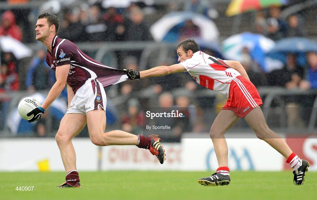 10 July 2010; David Duffy, Westmeath, in action against Cathal McKeever, Derry. GAA Football All-Ireland Senior Championship Qualifier, Round 2, Westmeath v Derry, Cusack Park, Mullingar, Co. Westmeath. Photo by Sportsfile