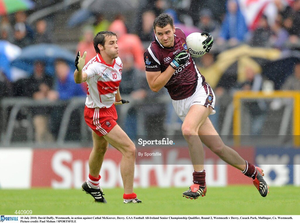 10 July 2010; David Duffy, Westmeath, in action against Cathal McKeever, Derry. GAA Football All-Ireland Senior Championship Qualifier, Round 2, Westmeath v Derry, Cusack Park, Mullingar, Co. Westmeath. Photo by Sportsfile