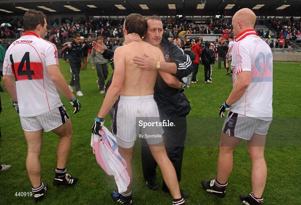 10 July 2010; Westmeath manager Pat Flanagan consoles his players after the game. GAA Football All-Ireland Senior Championship Qualifier, Round 2, Westmeath v Derry, Cusack Park, Mullingar, Co. Westmeath. Photo by Sportsfile
