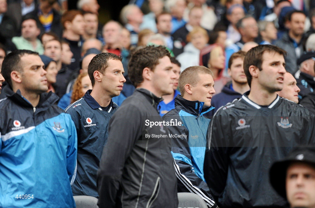 10 July 2010; Dublin players, includiung Paul Casey, Barry Cahill, Tomás Quinn and Bryan Cullen on the substitutes bench ahead of the game. GAA Football All-Ireland Senior Championship Qualifier, Round 2, Dublin v Tipperary, Croke Park, Dublin. Picture credit: Stephen McCarthy / SPORTSFILE