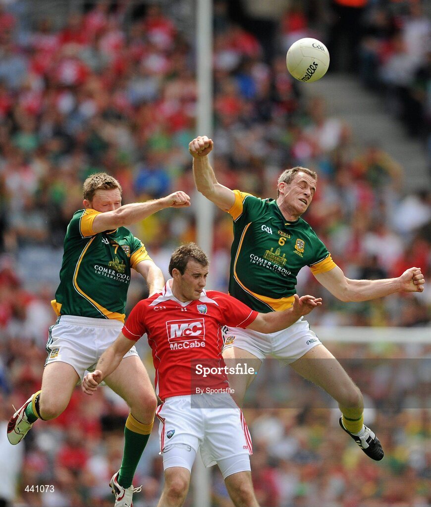 11 July 2010; Caoimhin King, left, and Nigel Crawford, Meath, in action against Mark Brennan, Louth. Leinster GAA Football Senior Championship Final, Meath v Louth, Croke Park, Dublin. Photo by Sportsfile