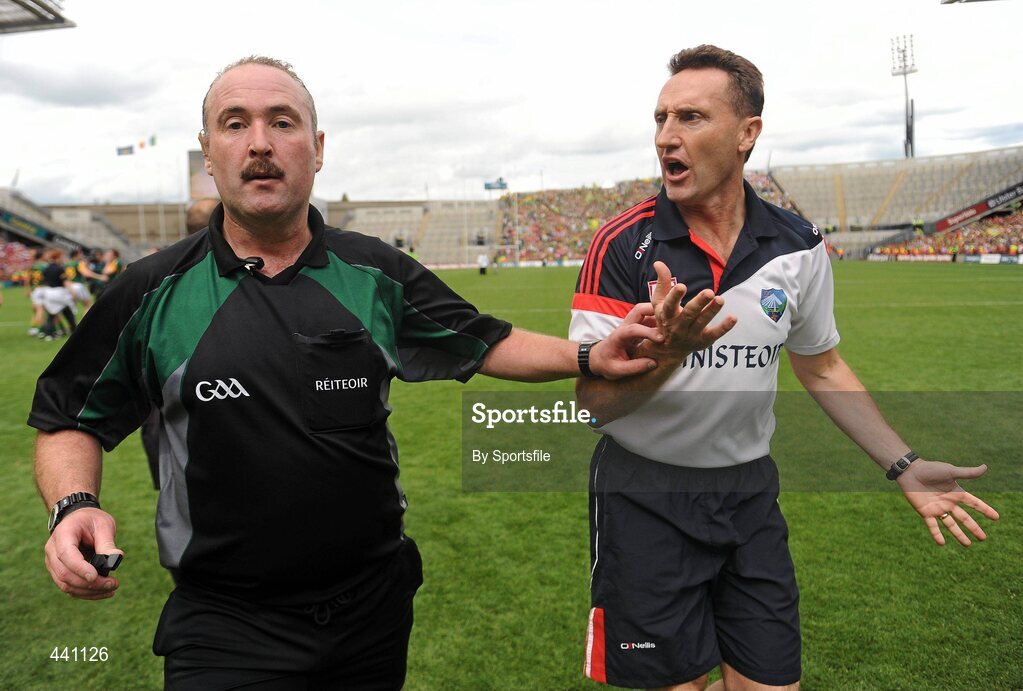 11 July 2010; Louth manager Peter Fitzpatrick remonstrates with Referee Martin Sludden after the game. Leinster GAA Football Senior Championship Final, Meath v Louth, Croke Park, Dublin. Photo by Sportsfile