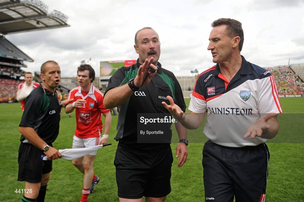 11 July 2010; Louth manager Peter Fitzpatrick remonstrates with Referee Martin Sludden as Louth's Colm Judge remonstrates with linesman Eddie Kinsella after the game. Leinster GAA Football Senior Championship Final, Meath v Louth, Croke Park, Dublin. Photo by Sportsfile