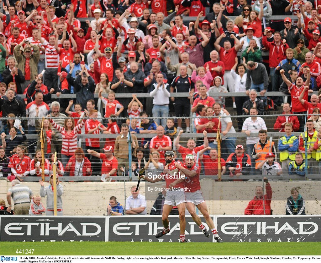 11 July 2010; Aisake Ó hAilpín, Cork, left, celebrates with team-mate Niall McCarthy, right, after scoring his side's first goal. Munster GAA Hurling Senior Championship Final, Cork v Waterford, Semple Stadium, Thurles, Co. Tipperary. Picture credit: Stephen McCarthy / SPORTSFILE