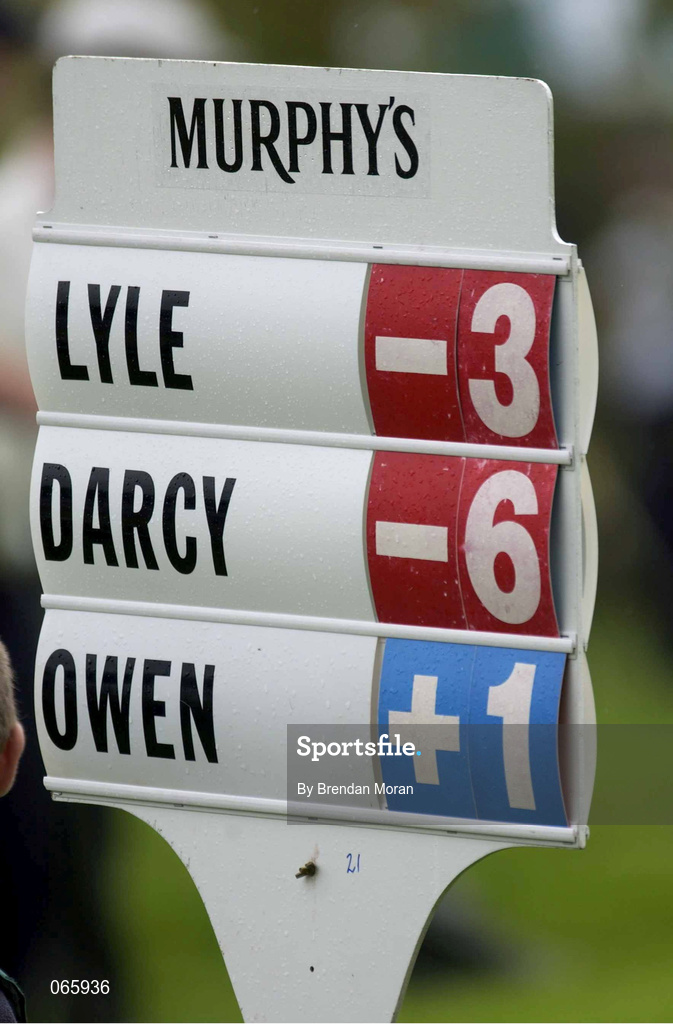 28 June 2001; The scoreboard which shows Eamonn Darcy's score of six under par during day one of the Murphy's Irish Open at Fota Island Golf Club in Cork. Photo by Brendan Moran/Sportsfile