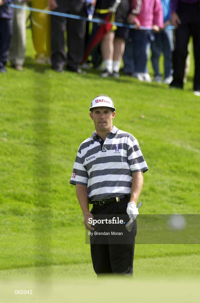 28 June 2001; Padraig Harrington of Ireland watches his ball bounce on the first green during day one of the Murphy's Irish Open at Fota Island Golf Club in Cork. Photo by Brendan Moran/Sportsfile