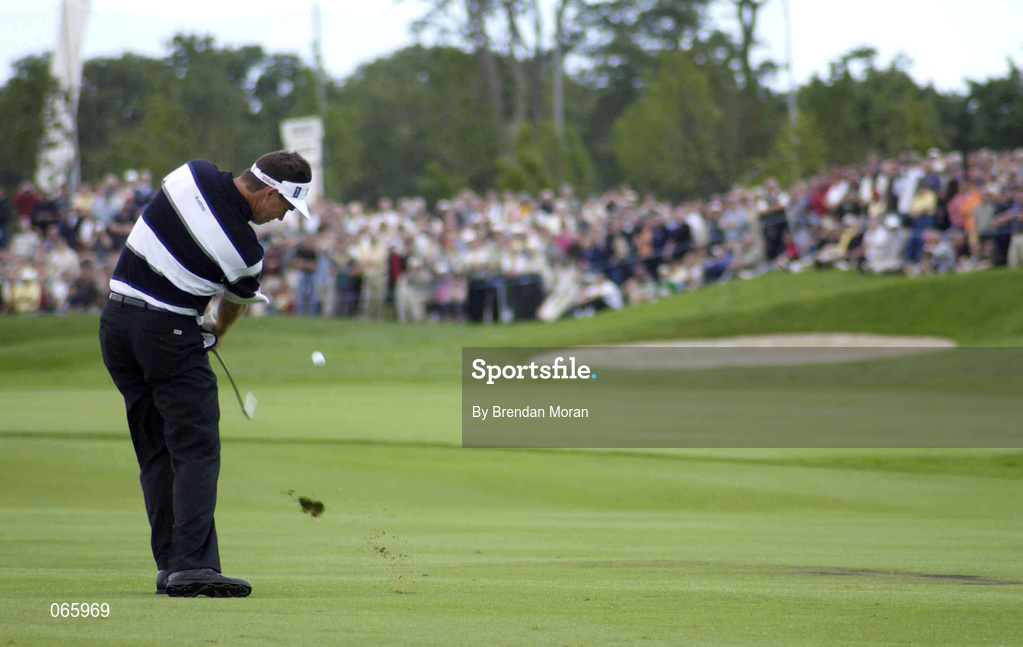 29 June 2001; Padraig Harrington of Ireland plays his approach shot to the 8th green during day two of the Murphy's Irish Open at Fota Island Golf Club in Cork. Photo by Brendan Moran/Sportsfile