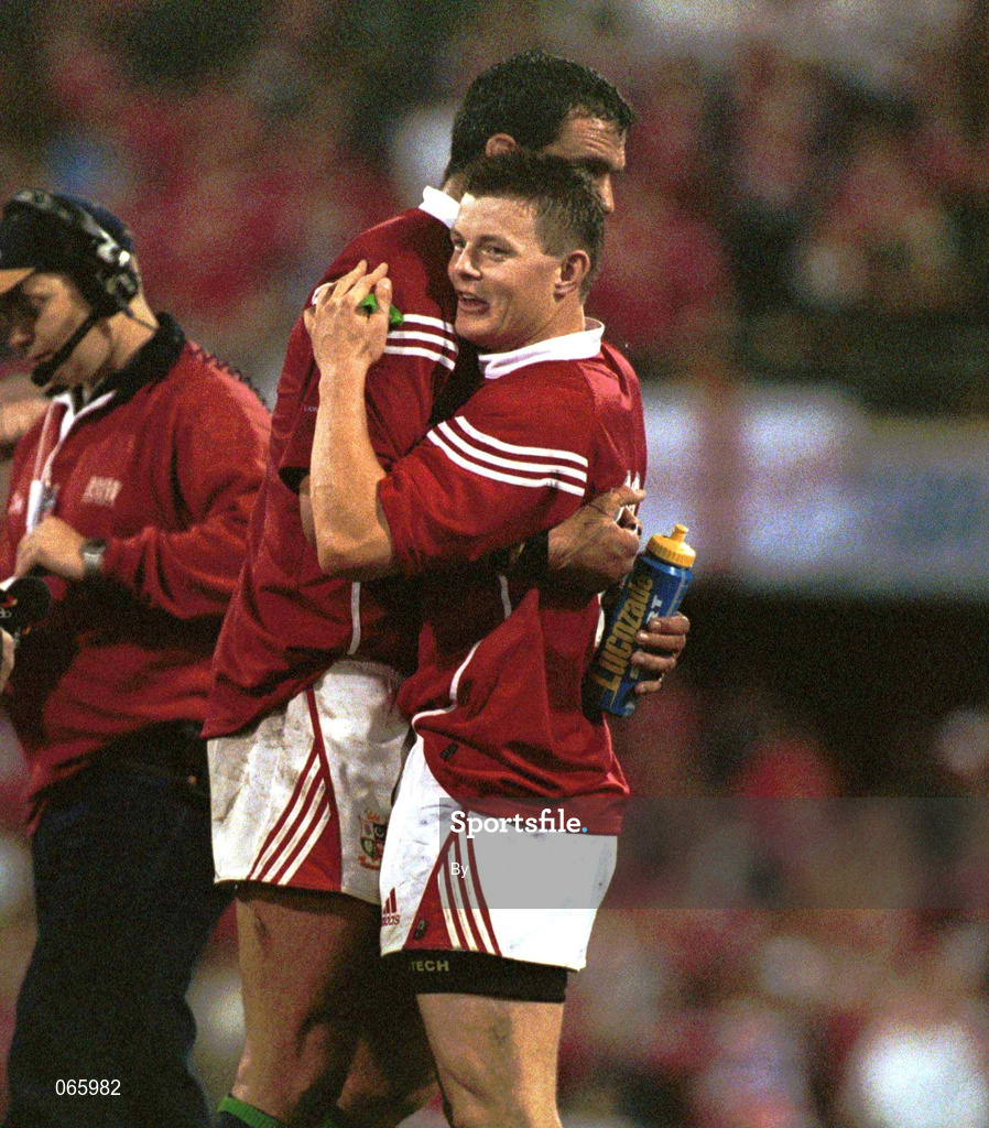 30 June 2001; Man of the match, Brian O'Driscoll, is congratulated by British and Irish Lions team captain Martin Johnson at the end of the game. Australia v British and Irish Lions, Gabba Stadium, Brisbane, Queensland, Australia. Rugby. Picture credit; Matt Browne / SPORTSFILE