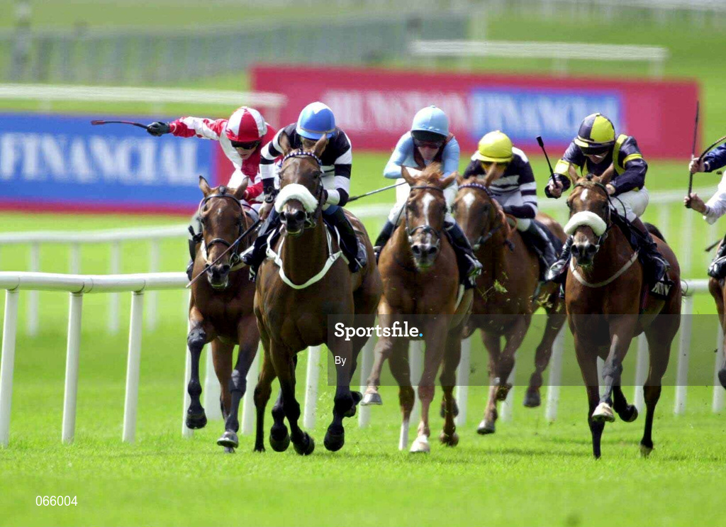 30 June 2001; Rebelline, (black and white colours) with Declan McDonagh up on the way to winning the Hunston Financial Petty Polly Fillies Stakes, (Group 2), Curragh, Co. Kildare. Horse Racing. Picture credit; Damien Eagers / SPORTSFILE *EDI*