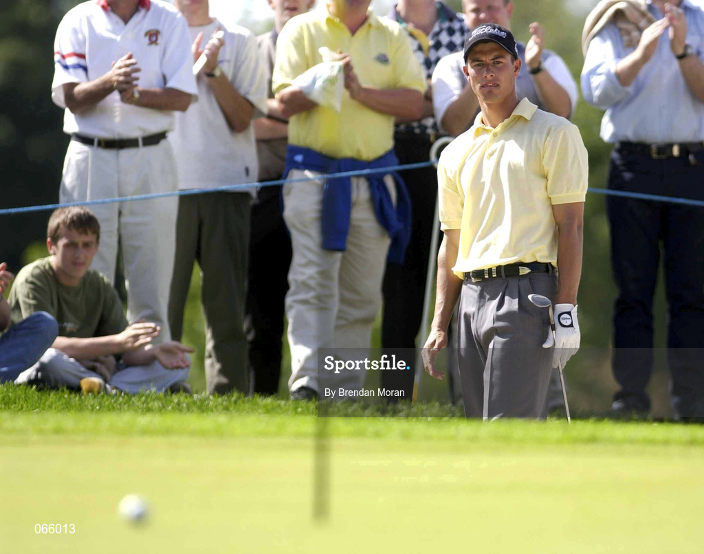 30 June 2001; Adam Scott of Australia watches his bunker shot land on the 17th green during day three of the Murphy's Irish Open at Fota Island Golf Club in Cork. Photo by Brendan Moran/Sportsfile