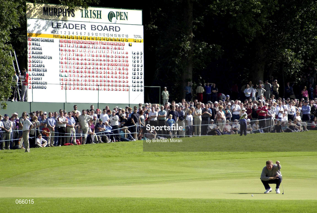 30 June 2001; Colin Montgomerie of Scotland lines up a putt for a birdie on the 18th green during day three of the Murphy's Irish Open at Fota Island Golf Club in Cork. Photo by Brendan Moran/Sportsfile