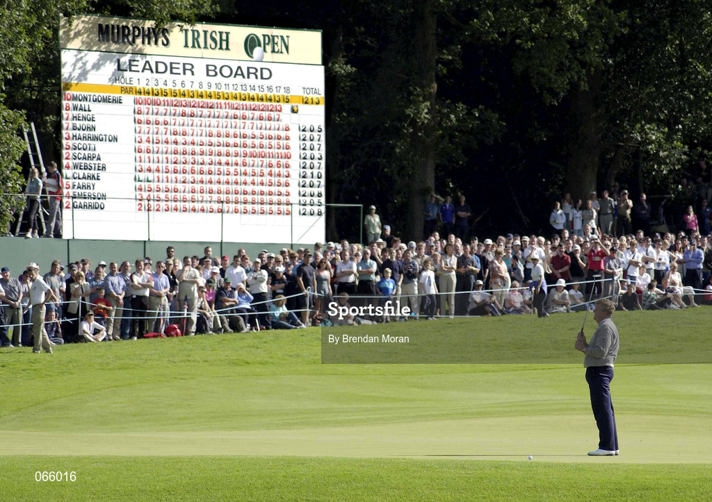 30 June 2001; Colin Montgomerie of Scotland reacts to a missed putt for a birdie on the 18th green during day three of the Murphy's Irish Open at Fota Island Golf Club in Cork. Photo by Brendan Moran/Sportsfile