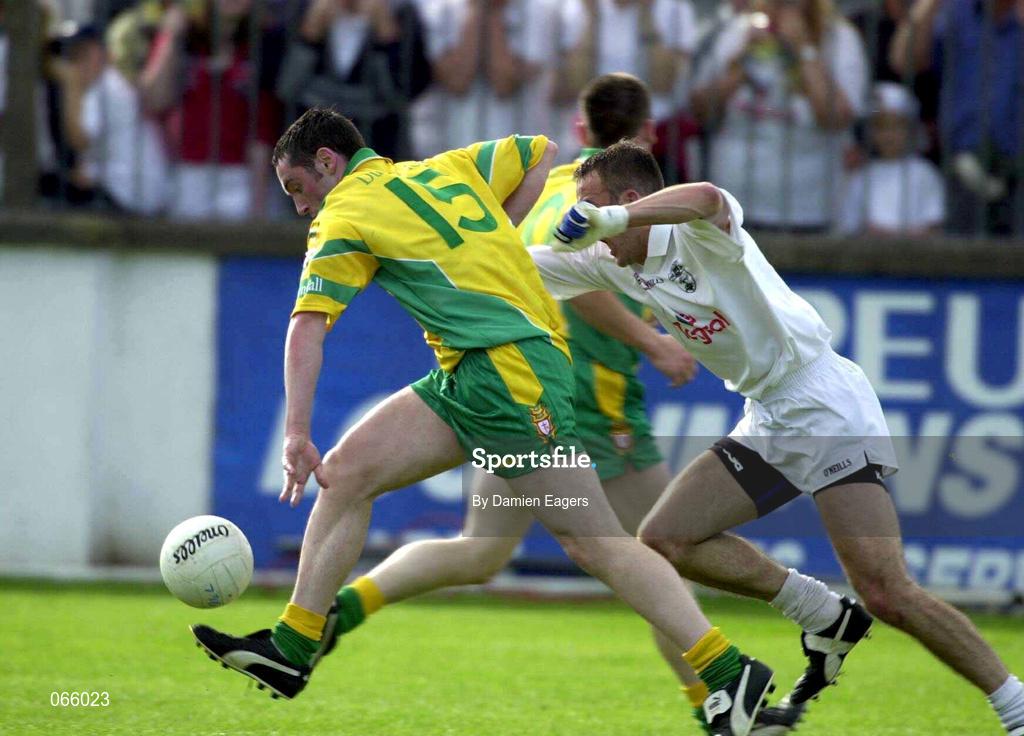 30 June 2001; Brendan Devenney of Donegal in action against Brian Lacey of Kildare during the Bank of Ireland All-Ireland Championship Qualifier match between Kildare and Donegal at St Conleths Park in Newbridge, Kildare. Photo by Damien Eagers/Sportsfile