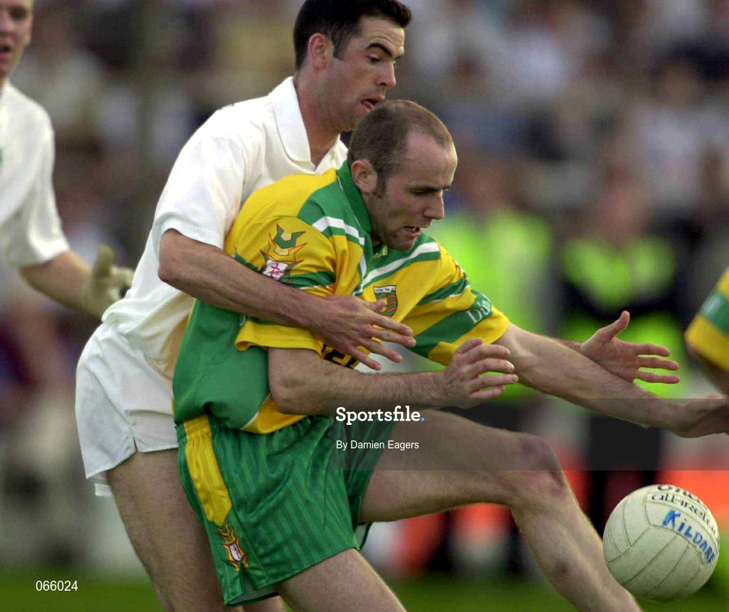 30 June 2001; Paul McGonigle of Donegal in action against Dermot Earley of Kildare during the Bank of Ireland All-Ireland Championship Qualifier match between Kildare and Donegal at St Conleths Park in Newbridge, Kildare. Photo by Damien Eagers/Sportsfile