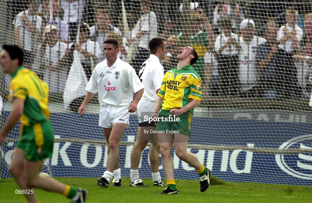 30 June 2001; Brendan Devenney of Donegal celebrates after scoring a goal during the Bank of Ireland All-Ireland Championship Qualifier match between Kildare and Donegal at St Conleths Park in Newbridge, Kildare. Photo by Damien Eagers/Sportsfile