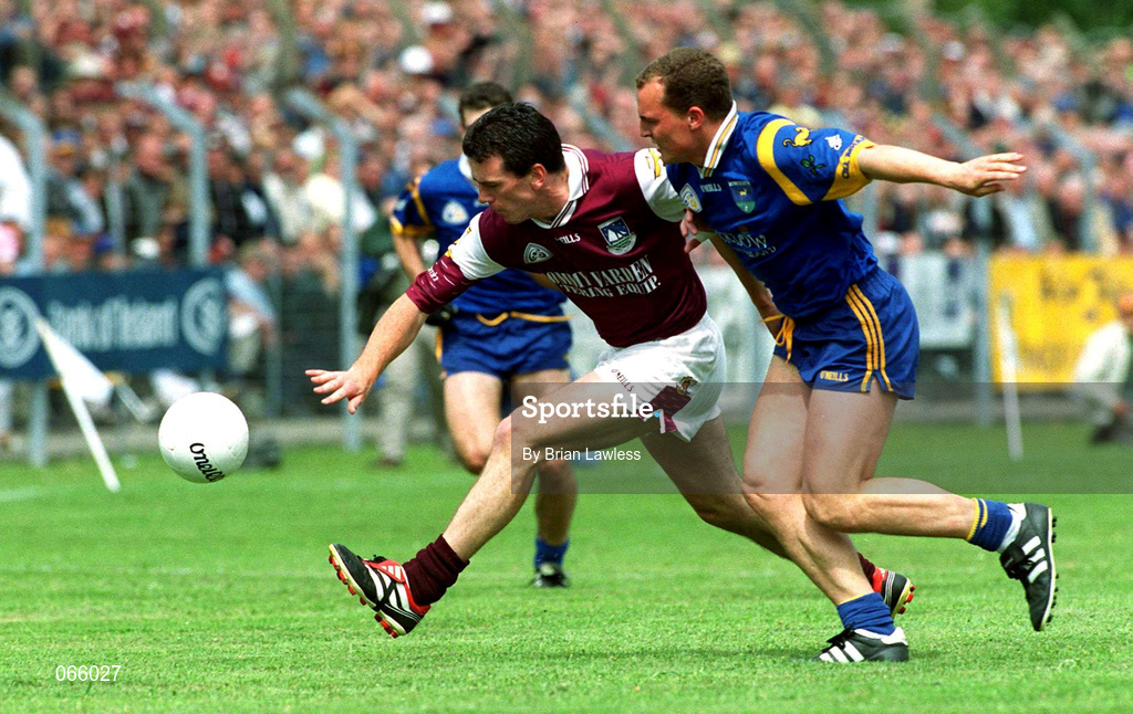 30 June 2001; Padraig Joyce of Galway in action against Breandan O'Hannaidh of Wicklow during the Bank of Ireland All-Ireland Senior Football Championship Qualifier Round 2 match between Wicklow and Galway at Aughrim County Ground in Aughrim, Wicklow. Photo by Brian Lawless/Sportsfile
