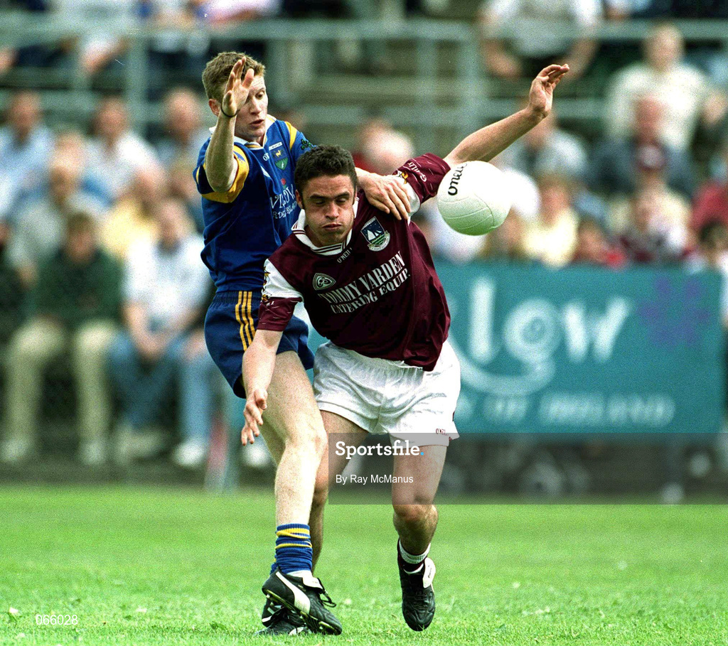 30 June 2001; Alan Kerins of Galway in action against Barry O'Donovan of Wicklow during the Bank of Ireland All-Ireland Senior Football Championship Qualifier Round 2 match between Wicklow and Galway at Aughrim County Ground in Aughrim, Wicklow. Photo by Ray McManus/Sportsfile