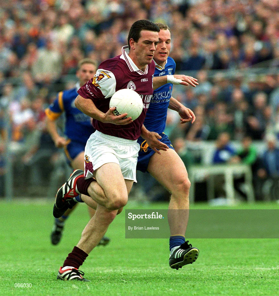 30 June 2001; Padraig Joyce of Galway in action against Breandan O'hAnnaidh of Wicklow during the Bank of Ireland All-Ireland Senior Football Championship Qualifier Round 2 match between Wicklow and Galway at Aughrim County Ground in Aughrim, Wicklow. Photo by Brian Lawless/Sportsfile