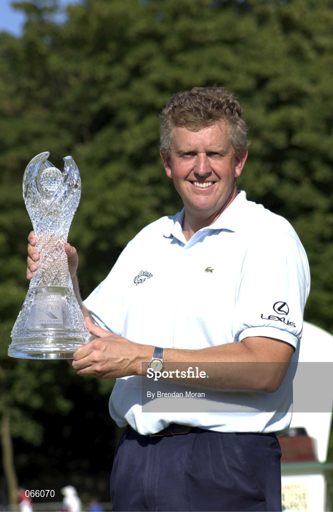 1 July 2001; Colin Montgomerie of Scotland celebrates with the trophy following day four of the Murphy's Irish Open at Fota Island Golf Club in Cork. Photo by Brendan Moran/Sportsfile