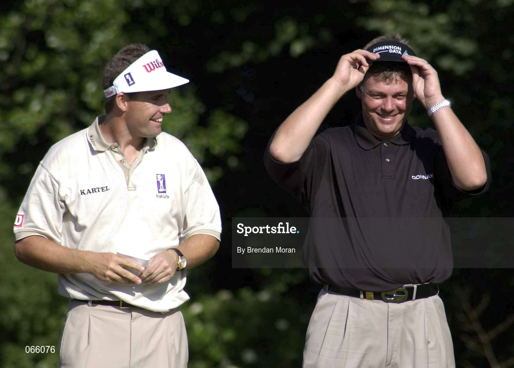 1 July 2001; Ireland's Padraig Harrington, left, and Darren Clarke share a joke after they finished joint second overall with Niclas Fasth and also finished joint leading Irishmen on day four of the Murphy's Irish Open at Fota Island Golf Club in Cork. Photo by Brendan Moran/Sportsfile