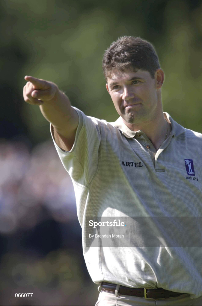 1 July 2001; Padraig Harrington of Ireland celebrates his birdie putt on the 18th during day four of the Murphy's Irish Open at Fota Island Golf Club in Cork. Photo by Brendan Moran/Sportsfile