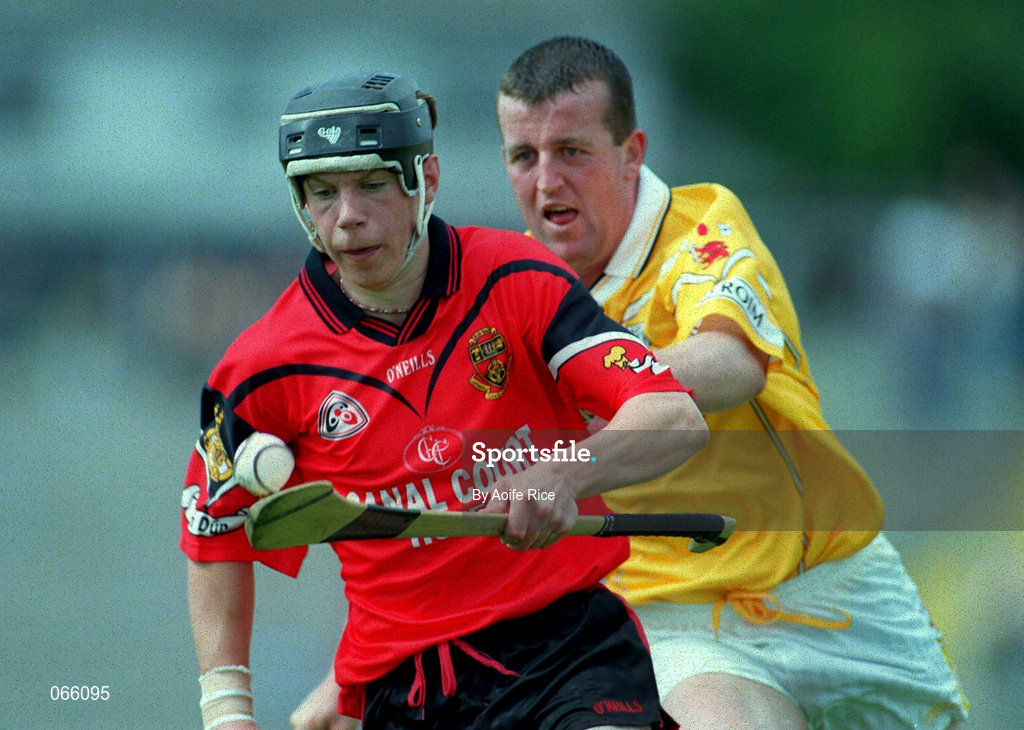 1 July 2001; Paul Branniff of Down in action against Charlie McAllister of Antrim during the Bank of Ireland Ulster Senior Football Championship Semi-Final match between Antrim and Down at Casement Park in Belfast. Photo by Aoife Rice/Sportsfile