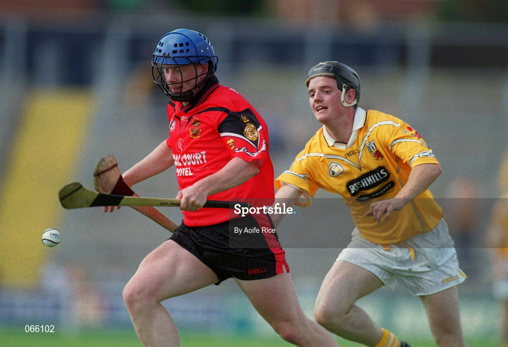 1 July 2001; Gerard Adair of Down is tackled by Aidan Delargey of Antrim during the Bank of Ireland Ulster Senior Football Championship Semi-Final match between Antrim and Down at Casement Park in Belfast. Photo by Aoife Rice/Sportsfile