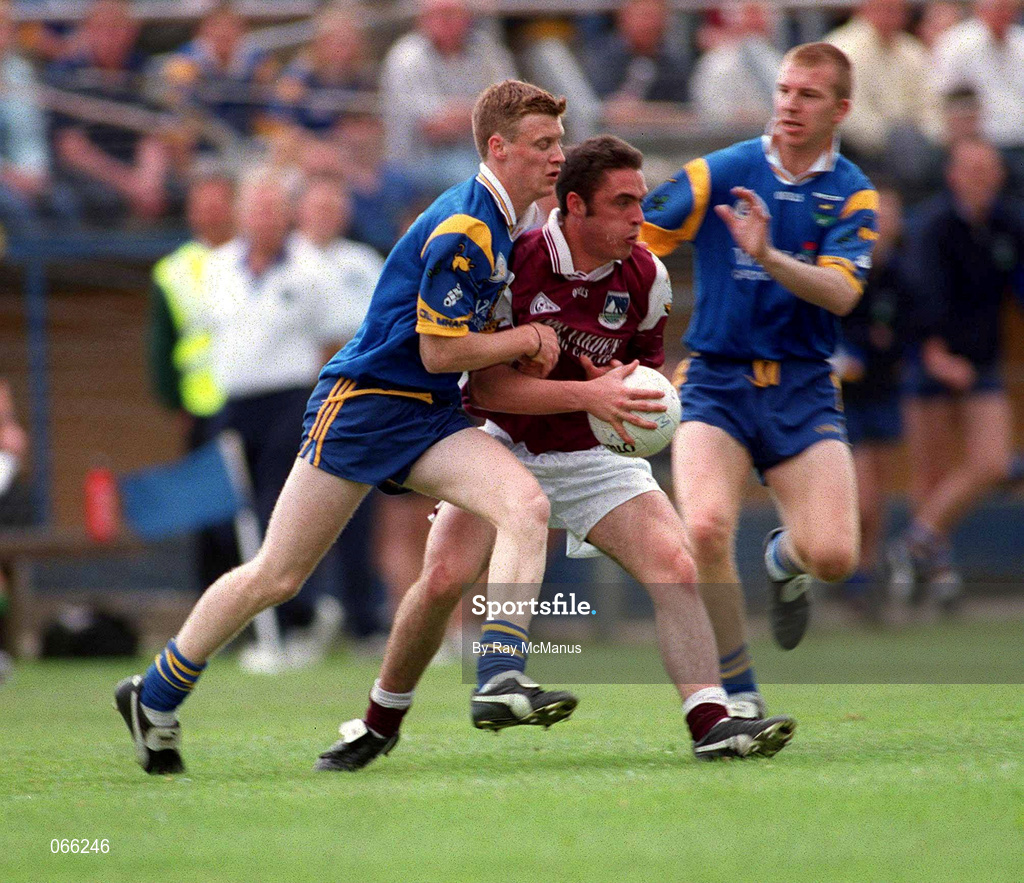 30 June 2001; Alan Kerins of Galway in action against Tom Burke of Wicklow during the Bank of Ireland All-Ireland Senior Football Championship Qualifier Round 2 match between Wicklow and Galway at Aughrim County Ground in Aughrim, Wicklow. Photo by Ray McManus/Sportsfile