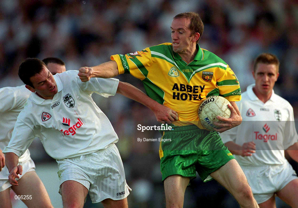 30 June 2001; Eamon Doherty of Donegal in action against Padraig Brennan of Kildare during the Bank of Ireland All-Ireland Championship Qualifier match between Kildare and Donegal at St Conleths Park in Newbridge, Kildare. Photo by Damien Eagers/Sportsfile