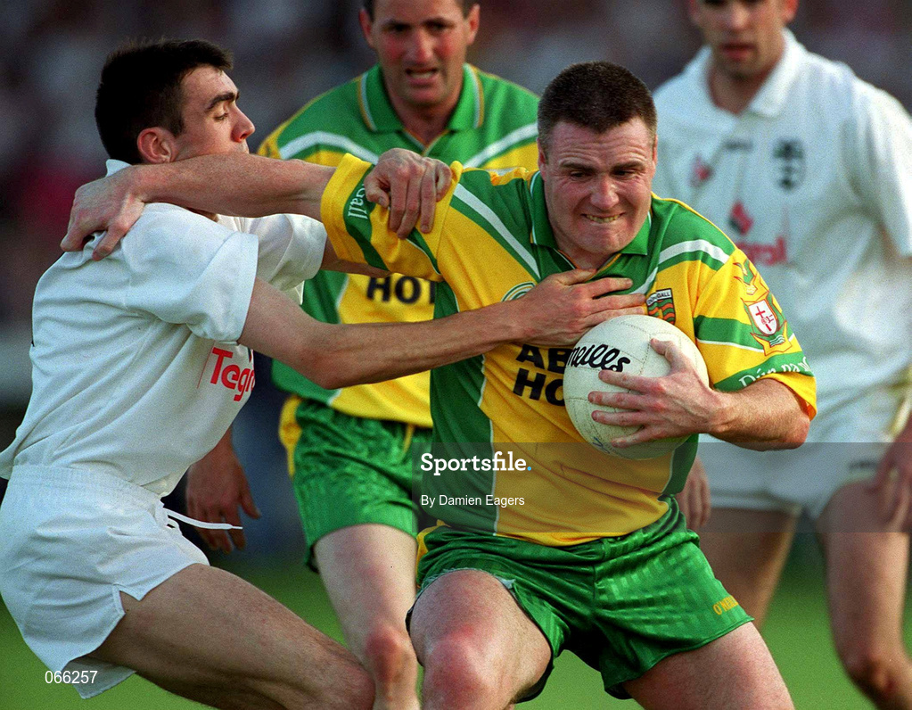 30 June 2001; John Gildea of Donegal in action against John Doyle of Kildare during the Bank of Ireland All-Ireland Championship Qualifier match between Kildare and Donegal at St Conleths Park in Newbridge, Kildare. Photo by Damien Eagers/Sportsfile