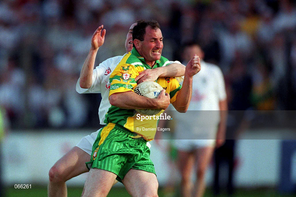 30 June 2001; Noel Ginley of Donegal in action against John Doyle of Kildare during the Bank of Ireland All-Ireland Championship Qualifier match between Kildare and Donegal at St Conleths Park in Newbridge, Kildare. Photo by Damien Eagers/Sportsfile
