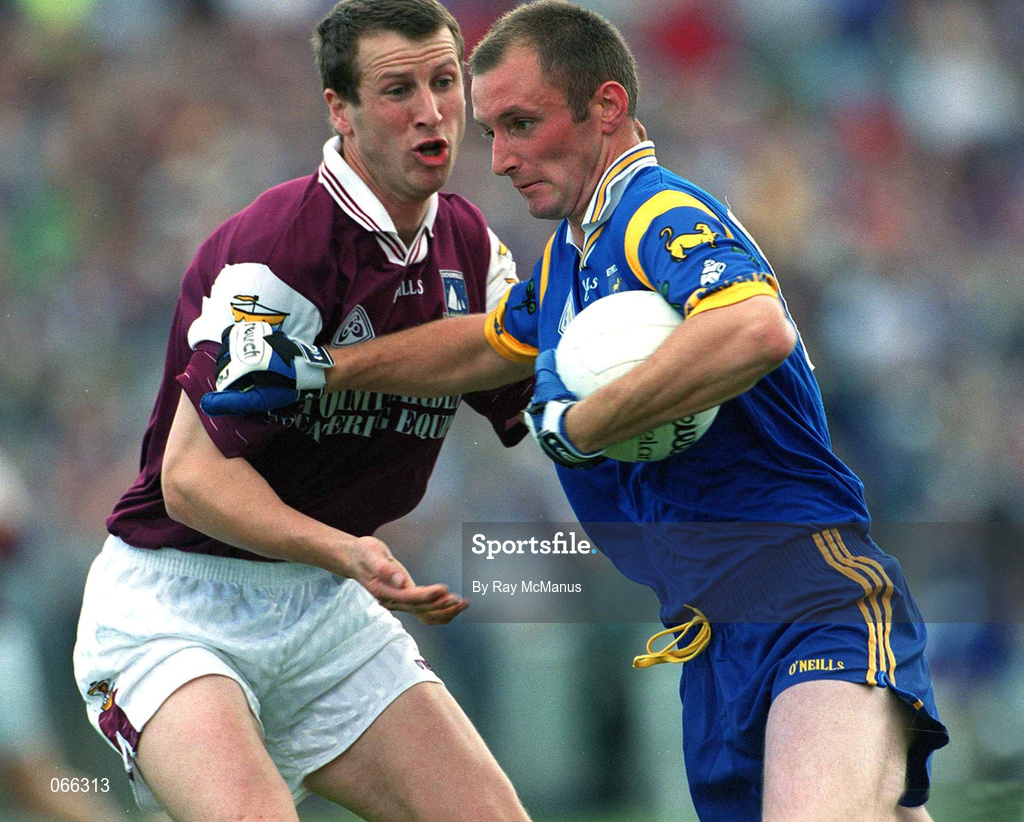 30 June 2001; Keith Byrne of Wicklow in action against Gary Fahey of Galway during the Bank of Ireland All-Ireland Senior Football Championship Qualifier Round 2 match between Wicklow and Galway at Aughrim County Ground in Aughrim, Wicklow. Photo by Ray McManus/Sportsfile