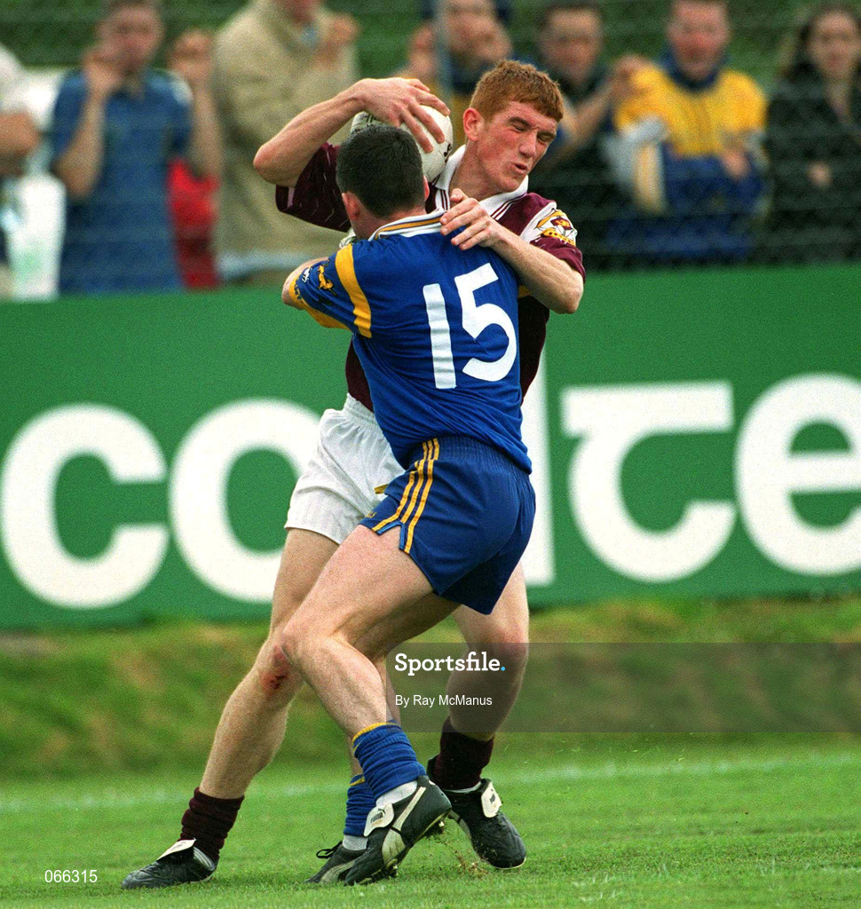 30 June 2001; Kieran Fitzgerald of Galway in action against Jonathan Beehan of Wicklow during the Bank of Ireland All-Ireland Senior Football Championship Qualifier Round 2 match between Wicklow and Galway at Aughrim County Ground in Aughrim, Wicklow. Photo by Ray McManus/Sportsfile