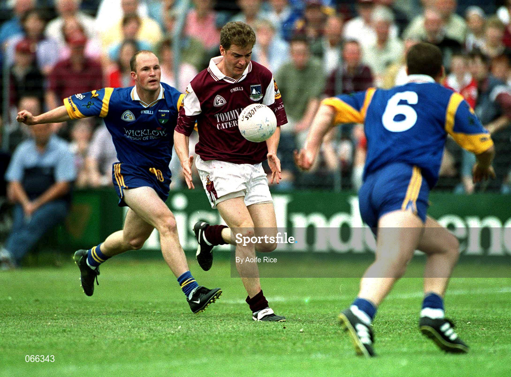 30 June 2001; Michael Donellan of Galway in action against Brendan O'Hannaidh of Wicklow during the Bank of Ireland All-Ireland Senior Football Championship Qualifier Round 2 match between Wicklow and Galway at Aughrim County Ground in Aughrim, Wicklow. Photo by Aoife Rice/Sportsfile