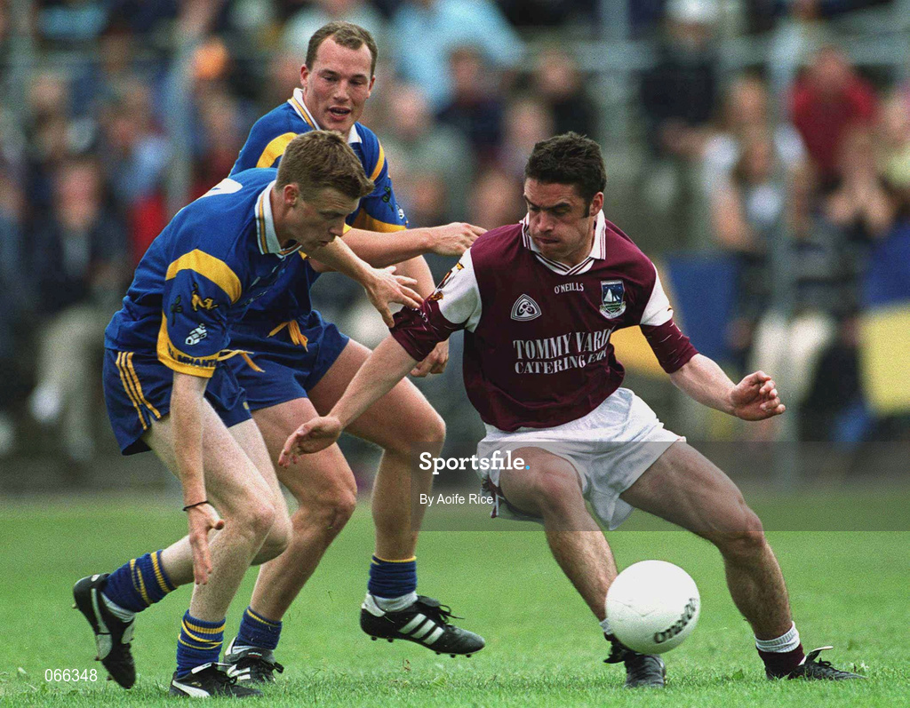 30 June 2001; Alan Kerins of Galway in action against Tom Burke of Wicklow during the Bank of Ireland All-Ireland Senior Football Championship Qualifier Round 2 match between Wicklow and Galway at Aughrim County Ground in Aughrim, Wicklow. Photo by Aoife Rice/Sportsfile