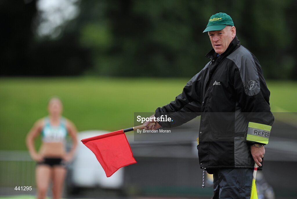 10 July 2010; A referee holds out the red flag while the sandpit is prepared for the next athlete during the Women's Long Jump at the Woodie's DIY AAI Senior Track & Field Championships. Morton Stadium, Santry, Dublin. Picture credit: Brendan Moran / SPORTSFILE
