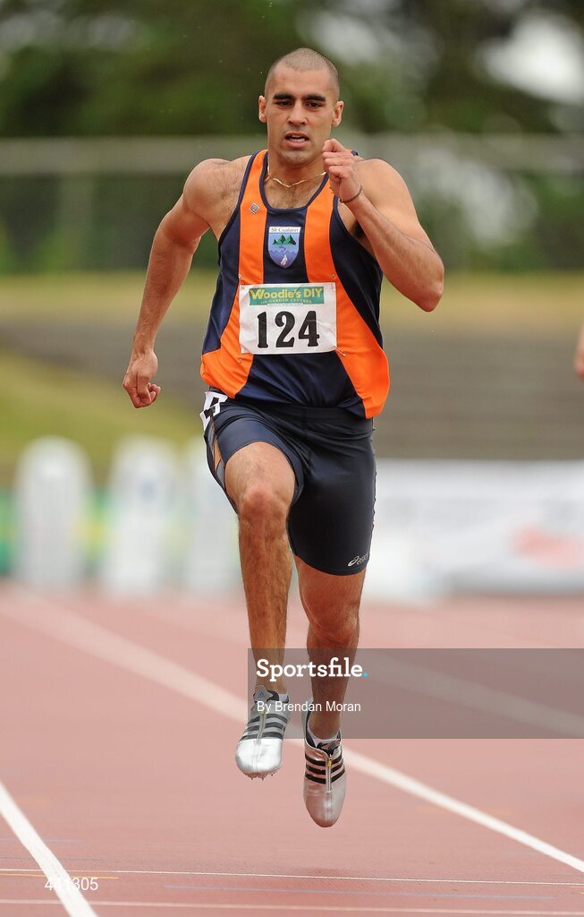 10 July 2010; Darragh Graham, Sli Cualann AC, in action during the men's 100m heats at the Woodie's DIY AAI Senior Track & Field Championships. Morton Stadium, Santry, Dublin. Picture credit: Brendan Moran / SPORTSFILE